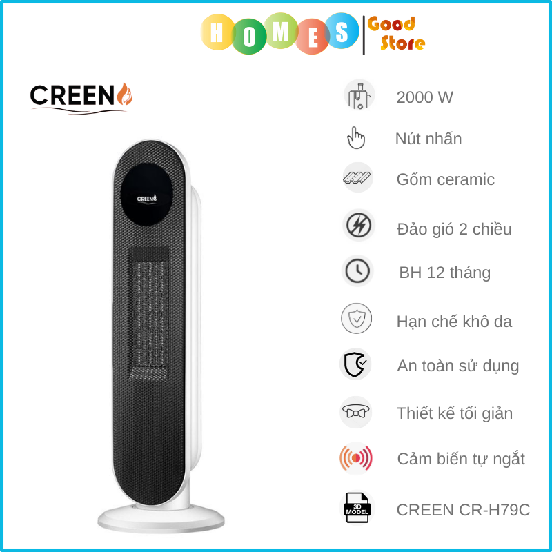 Máy Sưởi Gốm Creen CR-H79C Tiêu Chuẩn EU Không Làm Khô Da Gió Đảo 2 Chiều Cảm Biến Tự Ngắt Công Suất 2000W - Hàng Chính Hãng