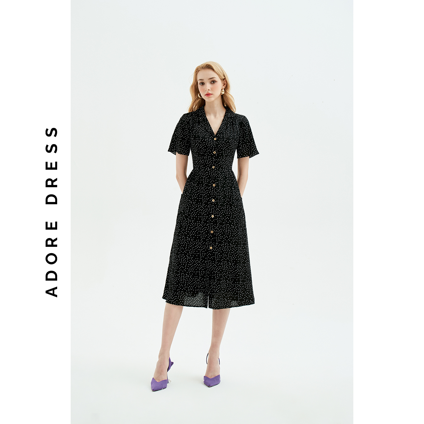 Đầm Midi dresses casual style lụa chấm bi đen khuy dừa 311DR2039  ADORE DRESS