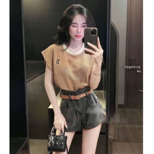 Áo LƯỚI len Montoghi dệt kim CHỮ B tay hến viền cổ tròn hàng Quảng Châu xinh xắn