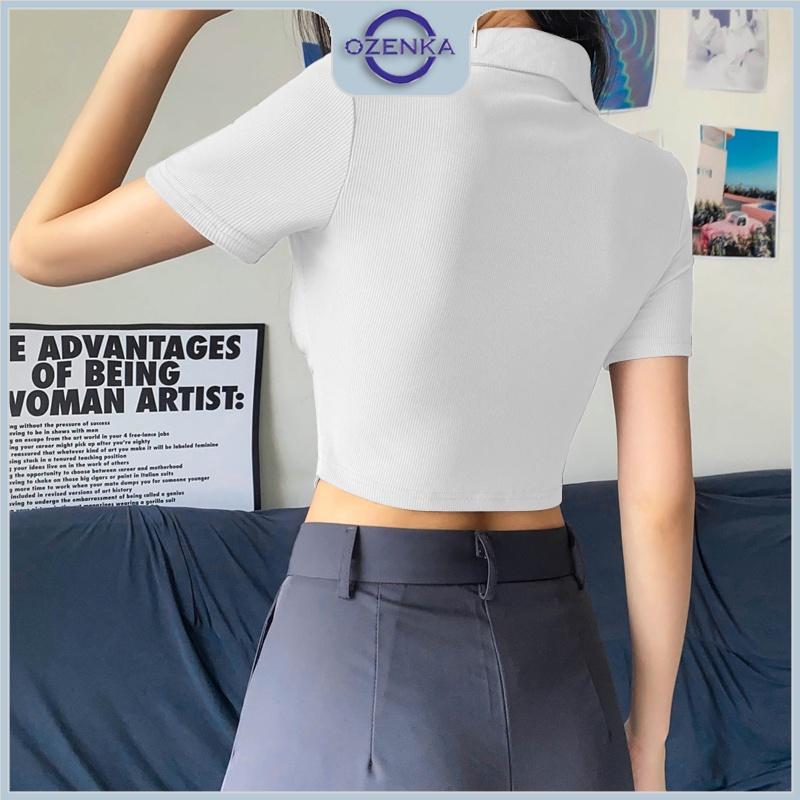 Áo croptop polo cài khuy nhún giữa cộc tay nữ ozenka ,áo thun crt ngắn vạt bầu kiểu màu đen trắng mặc đi học đi chơi