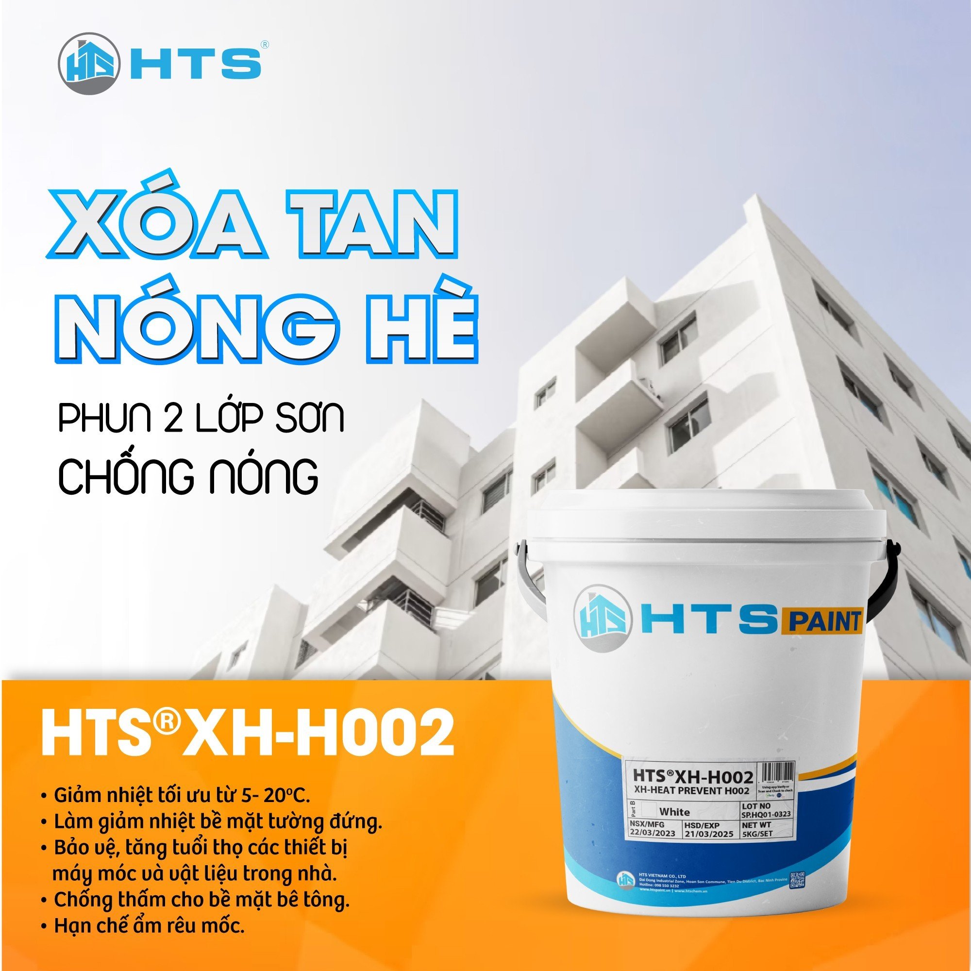 {SIÊU ƯU ĐÃI] Sơn chống nóng tường HTS XH-H002 thùng 5Kg - Giảm nhiệt 5-20 độ C