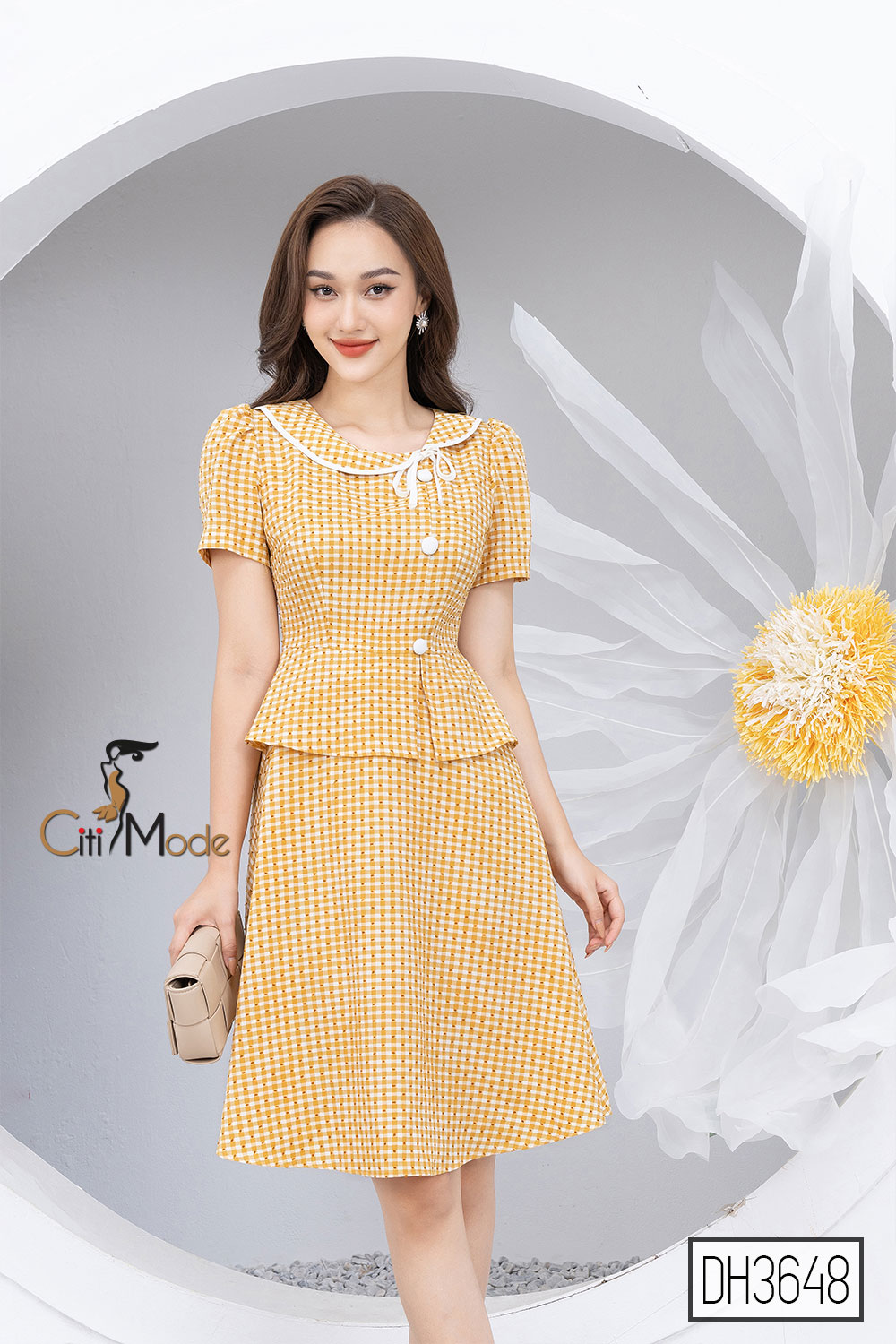 Đầm xòe peplum công sở vàng CITI MODE phối cúc lệch DH3648