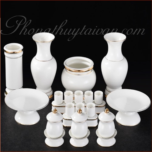 Bộ đồ cúng Sứ Trắng trơn Viền Vàng - thờ cúng