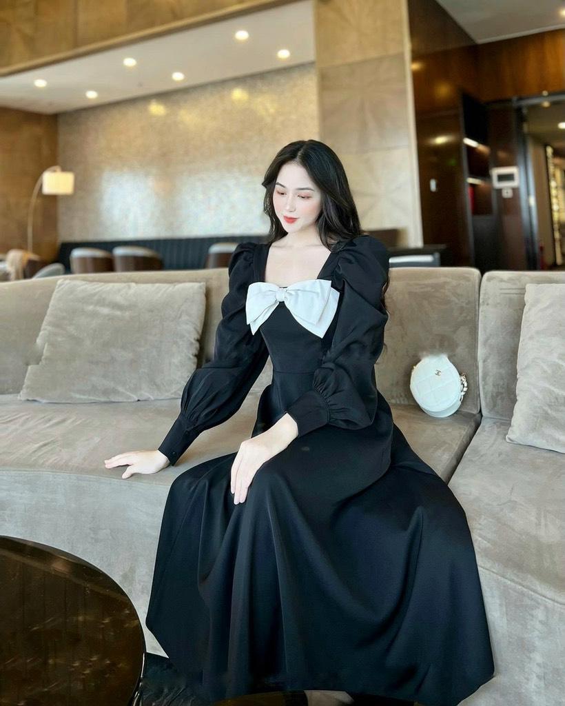 ĐẦM MIDI TAY DÀI PHỐI NƠ NGỰC