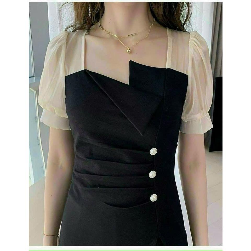 Set Bộ Đùi Áo Form Dài Tay Voan Phối Nút Cổ Cách Điệu Thời Trang