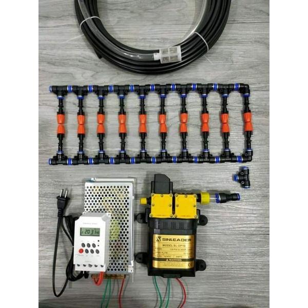 Bộ phun sương cho máy đôi sinleader 1 nguồn 12v adapter ,20 béc đỏ, 25m dây 1 bộ hẹn giờ đấu sẵn sàng trên bảng điện