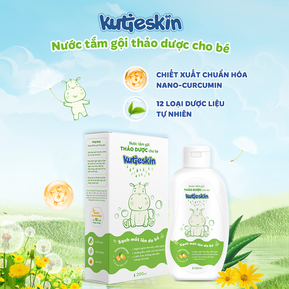 Nước tắm gội thảo dược cho bé Kutieskin 200ml, làm sạch dịu nhẹ, chăm sóc và bảo vệ da bé