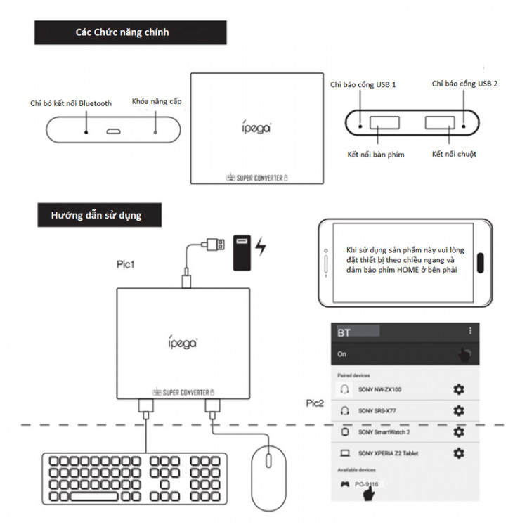 Thiết Bị Bluetooth Không Dây Kết Nối Chuột &amp; Bàn Phím Hỗ Trợ Chơi Game Mobile IPEGA PG-9116 - Hàng Chính Hãng