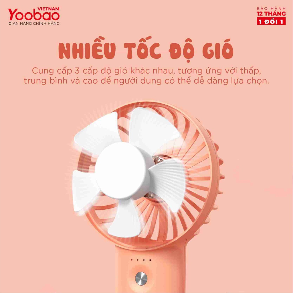 Quạt cầm tay YOOBAO F3 3000mAh - 6000mah - Quạt 4 cánh với 3 chế độ gió Nhỏ gọn tiện lợi - Hàng chính hãng - Bảo hành 12 tháng