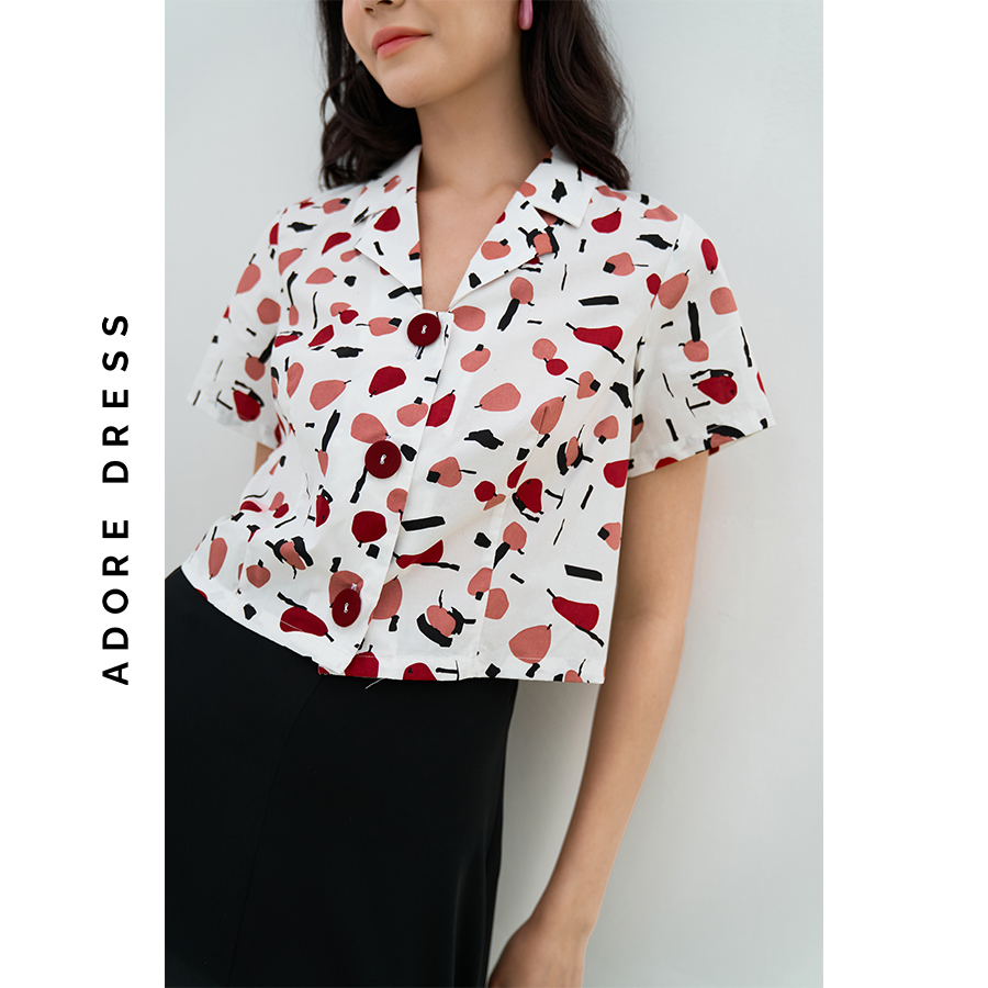 Áo sơ mi Tops thô lụa trắng hoạ tiết quả lê đỏ 311TO1001  ADORE DRESS