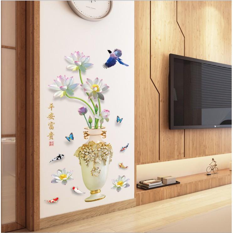 Decal trang trí  dán tường bình hoa sen cá