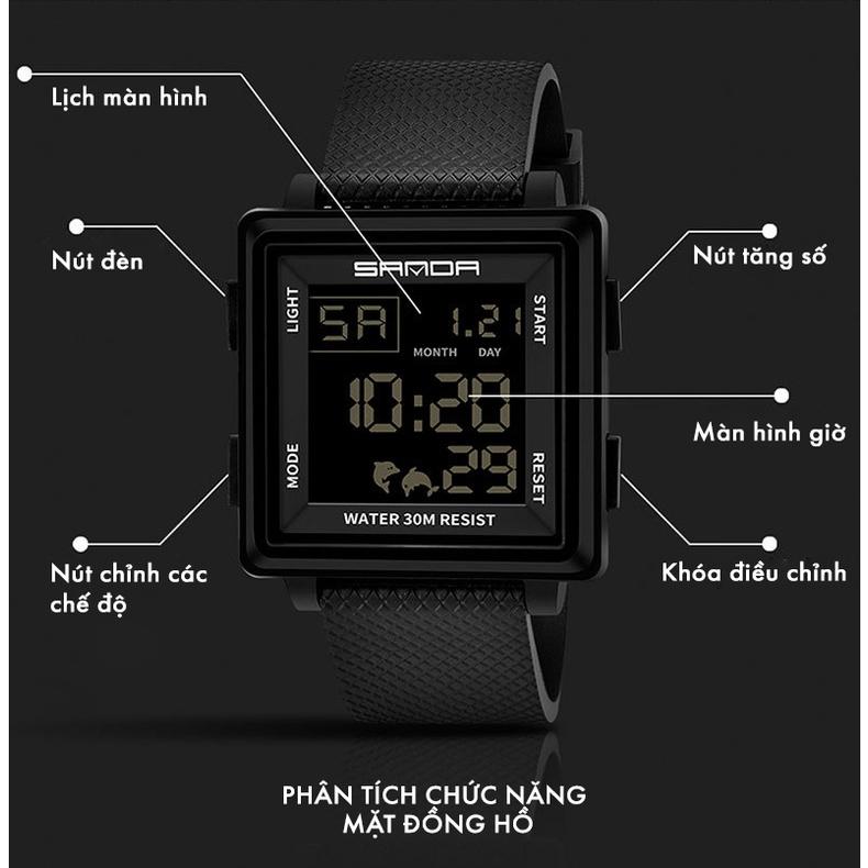 Đồng hồ led điện tử nam Sanda mặt vuông đeo tay dây cao su chính hãng cao cấp