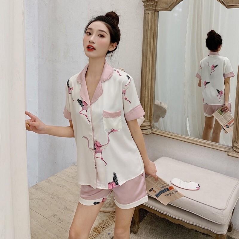 Đồ bộ pijama, bộ lụa cao cấp cộc đùi hoạ tiết chim hạc mềm mịn thoáng mát