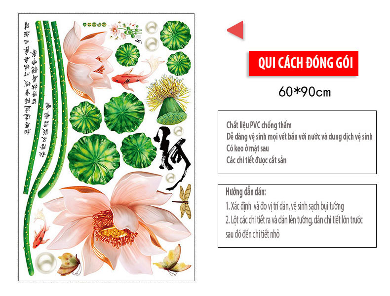 Decal dán tường hoa sen lotus combo sang trọng kích thước lớn