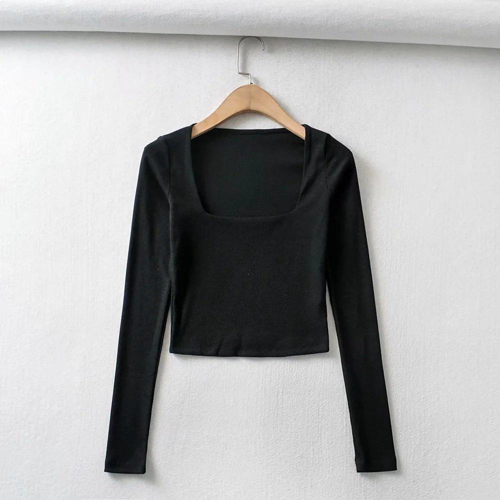 Áo croptop cổ vuông dài tay siêu xinh thời trang Banamo Fashion 3112