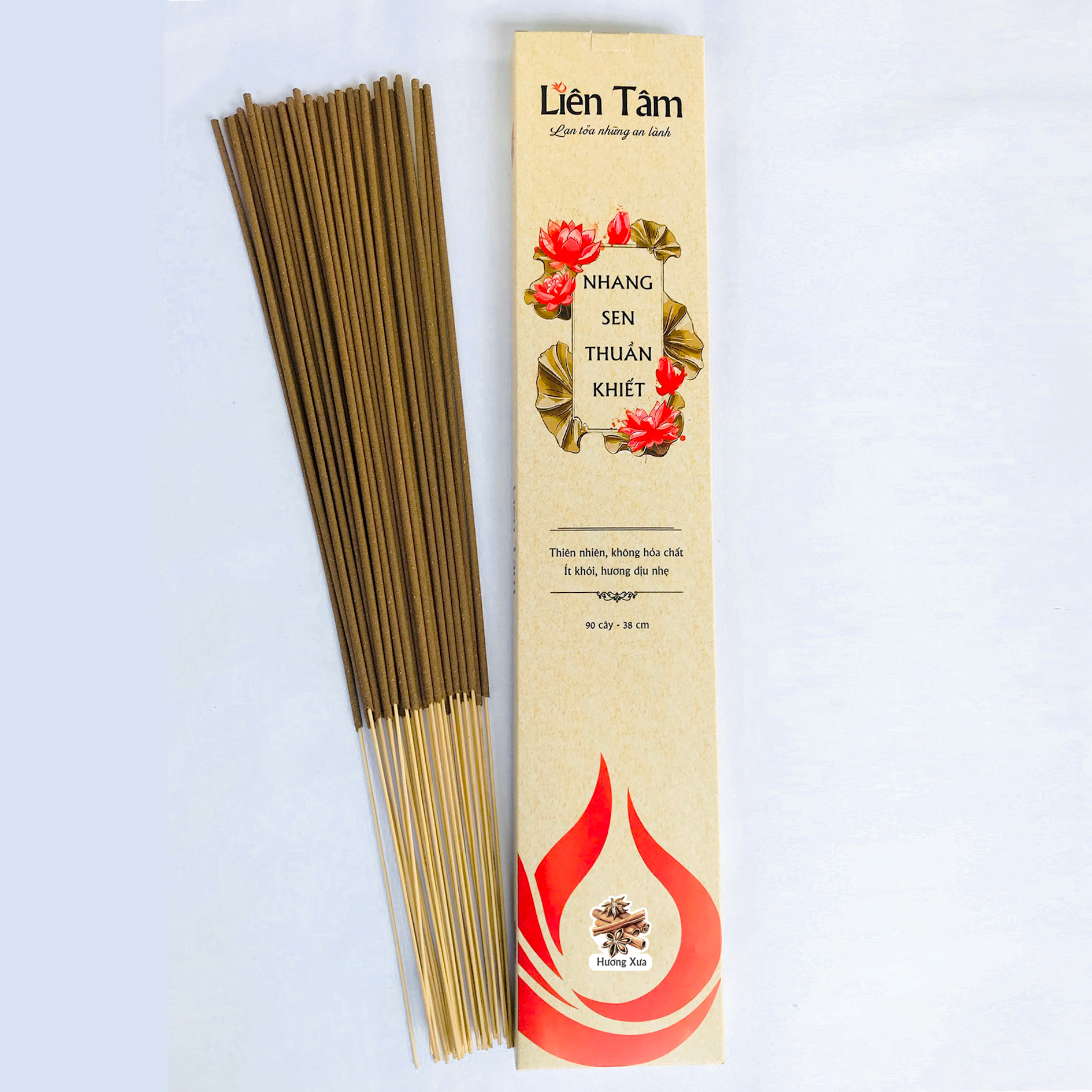 Nhang Sen Hương Xưa Liên Tâm 38cm  90 cây - Ít khói, 100% Từ Quế Hồi thiên nhiên