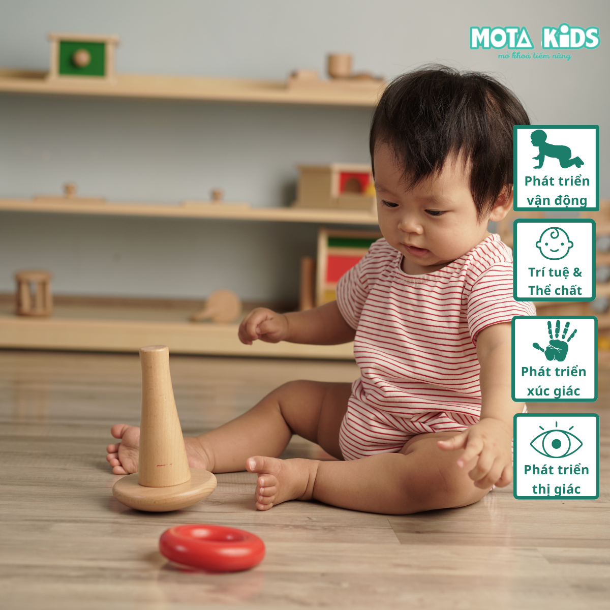 Đồ chơi thả vòng tròn vào trụ gỗ đứng cho bé từ 9-12 tháng Montessori Mota phát triển trí tuệ - Hàng chính hãng