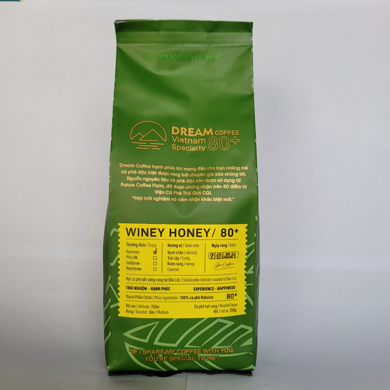 CÀ PHÊ ROBUSTA WINEY HONEY 80+ (NHÃN VÀNG) GU Ý