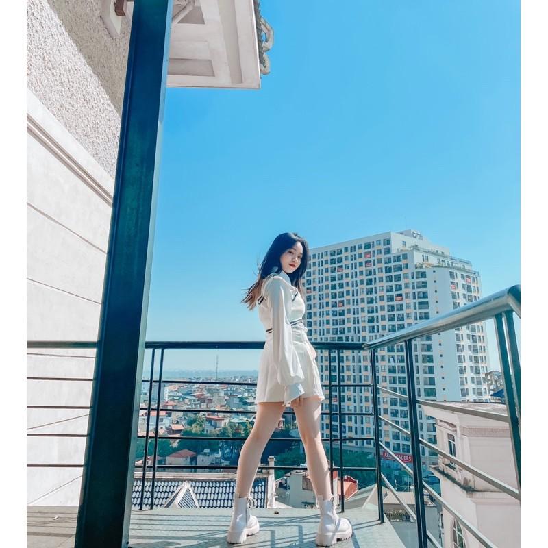 Áo sơmi croptop gi-lê viền trắng đen