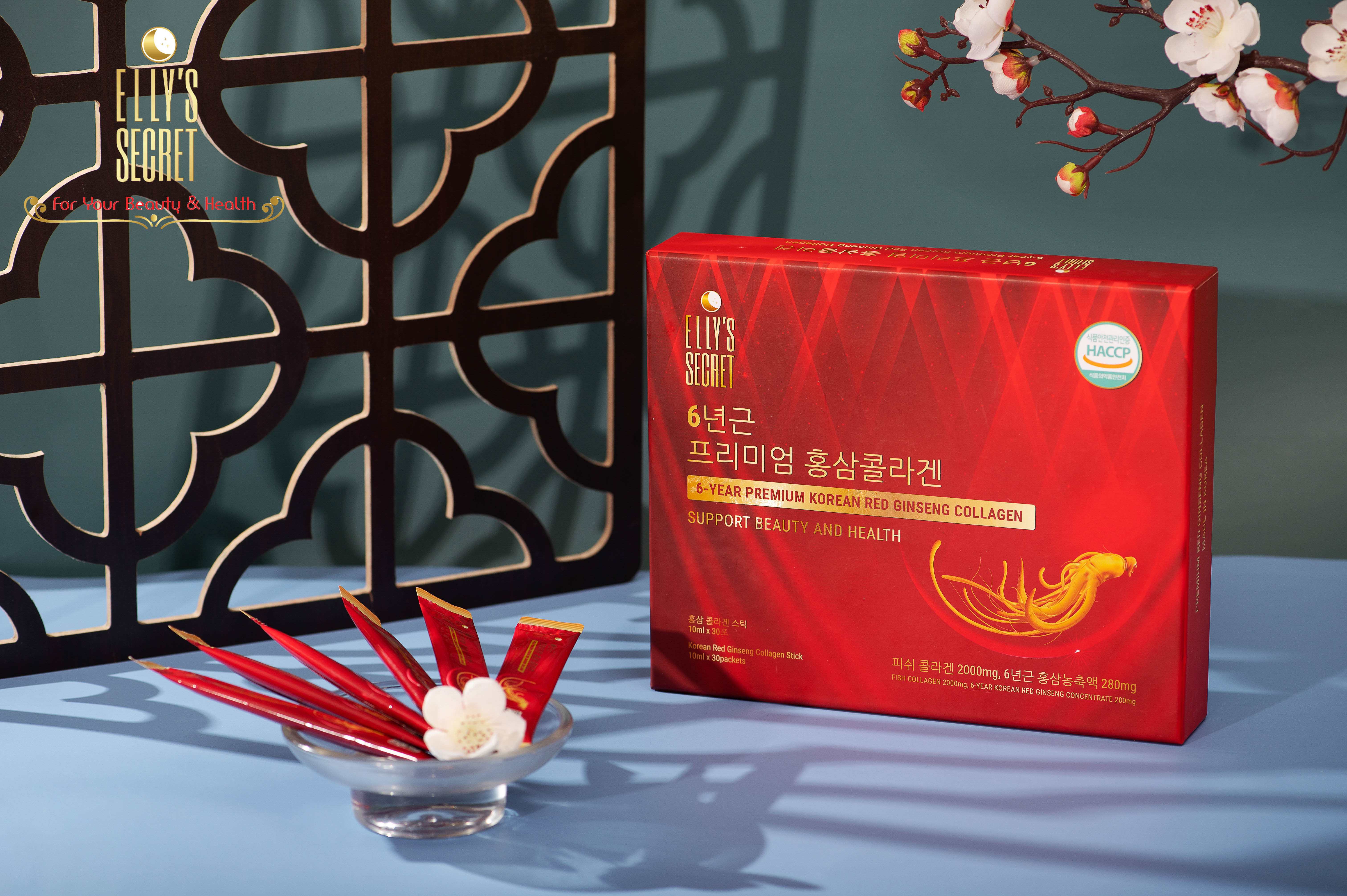 Hồng sâm collagen dạng nước cao cấp Hàn Quốc cải thiện làn da Elly Secret Premium 6 year Korea Red Ginseng Collagen 300ml