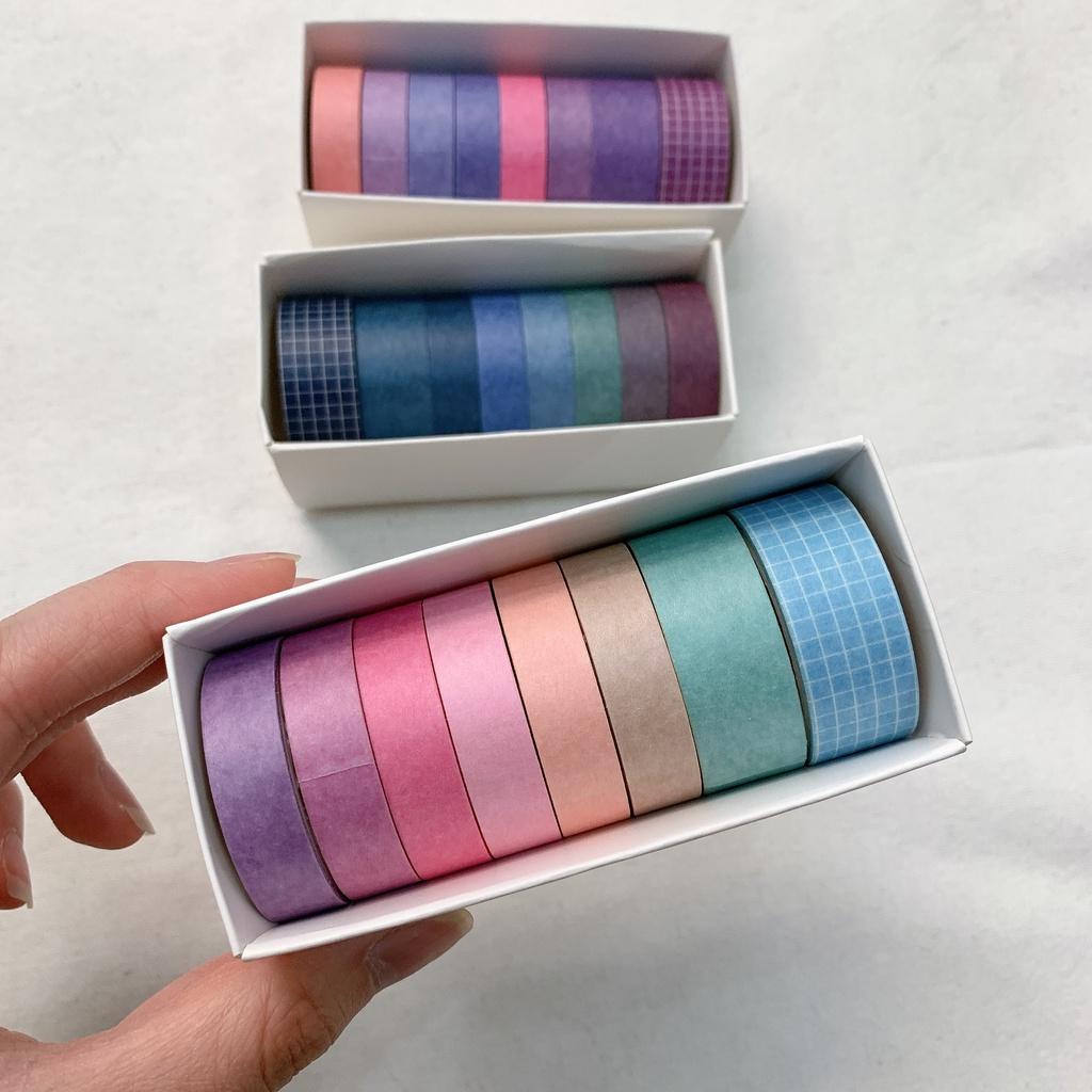 Hộp 8 Cuộn Washi Tape - Băng Dính Tone Màu Tím Xanh Hồng