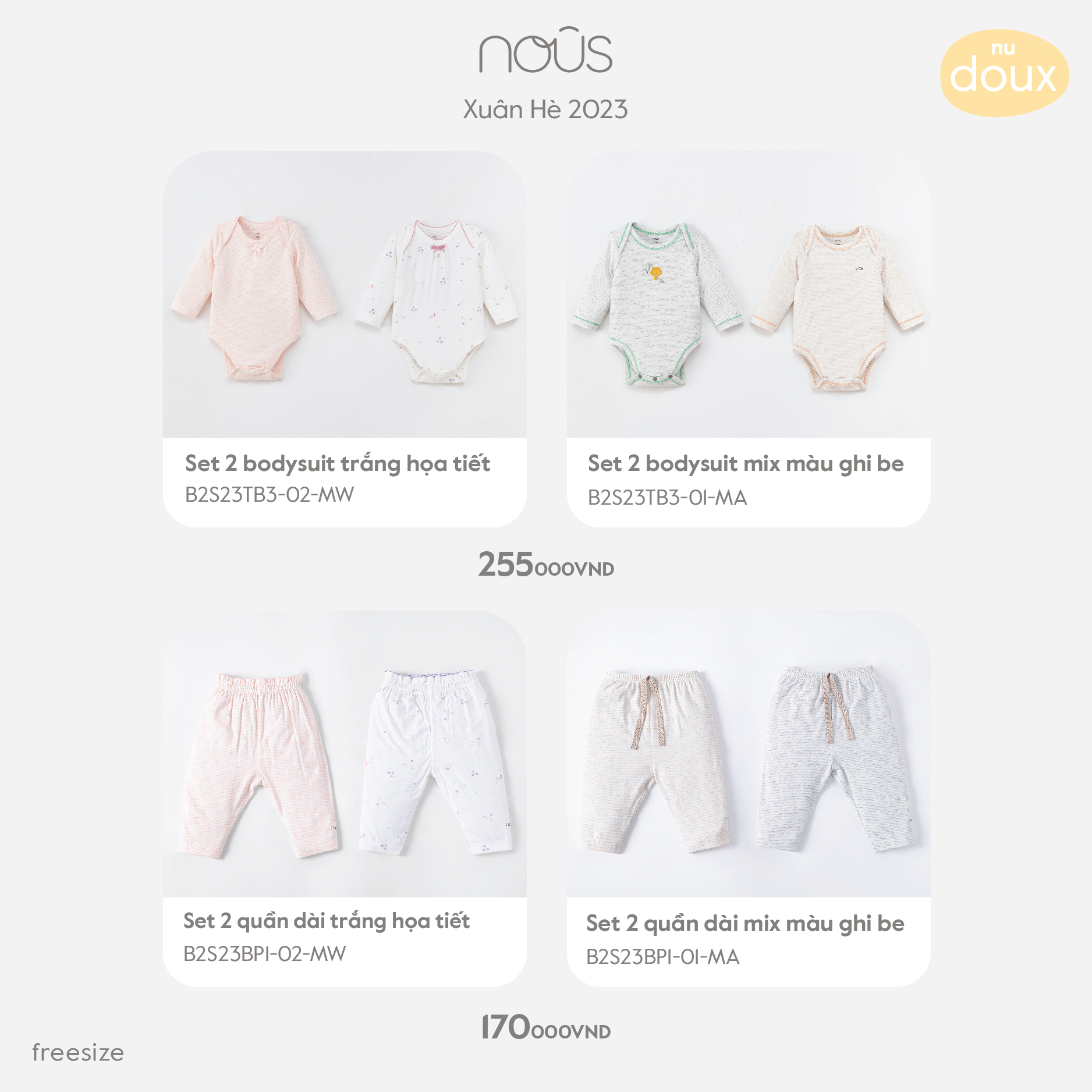 Set 2 bộ bodysuit Nous mix các màu và set 2 quần dài mix màu chất liệu Nu Doux thấm hút