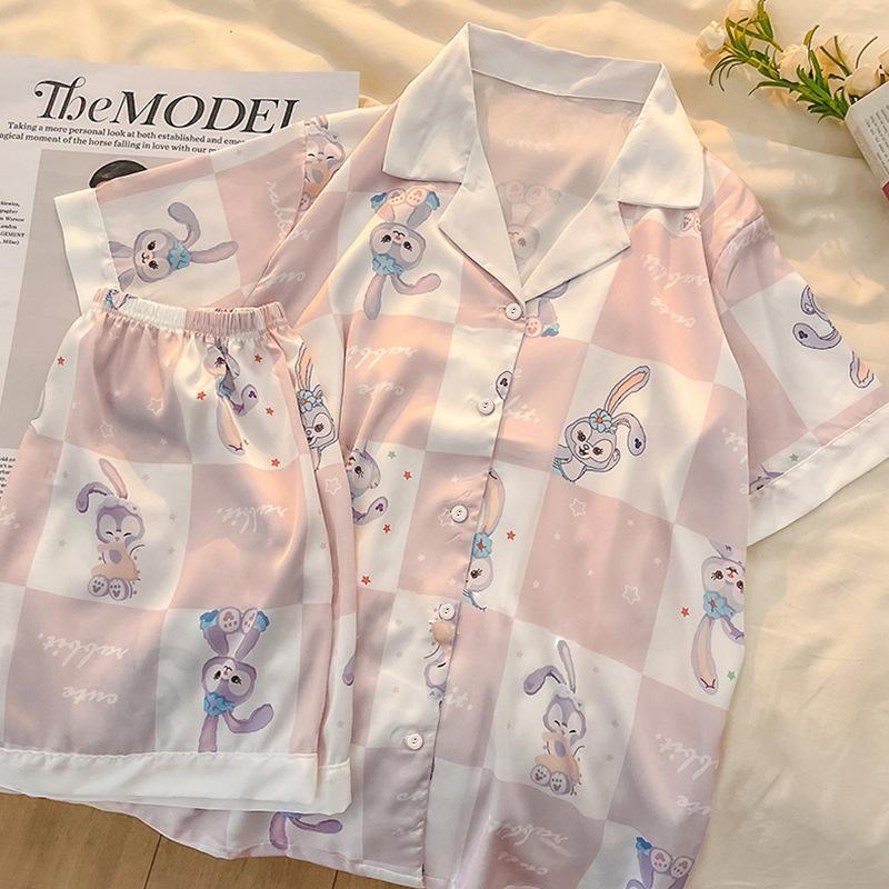 MS1049 Bộ Pyjama Nữ Lụa Satin, Bộ Quần Đùi Áo Cộc Mặc Nhà Thỏ Hồng Caro 3922#