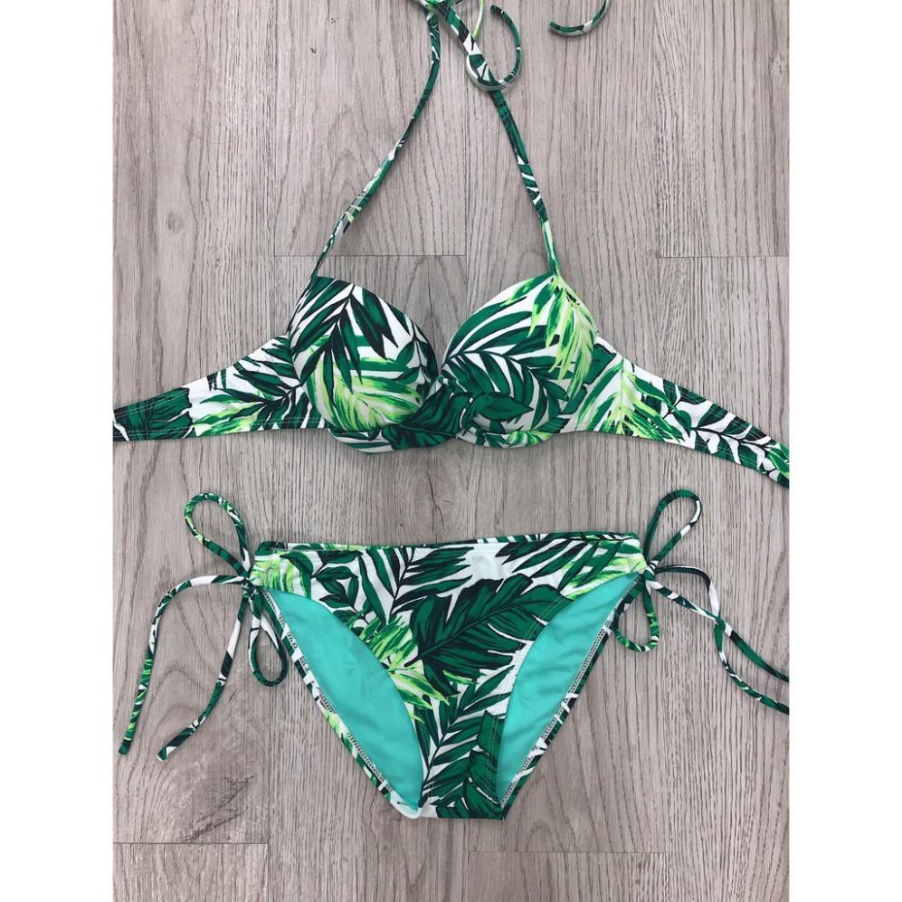 Bikini hai mảnh bộ bơi quần đùi họa tiết lá xanh có gọng chất thun lạnh mặc đi biển đi bơi