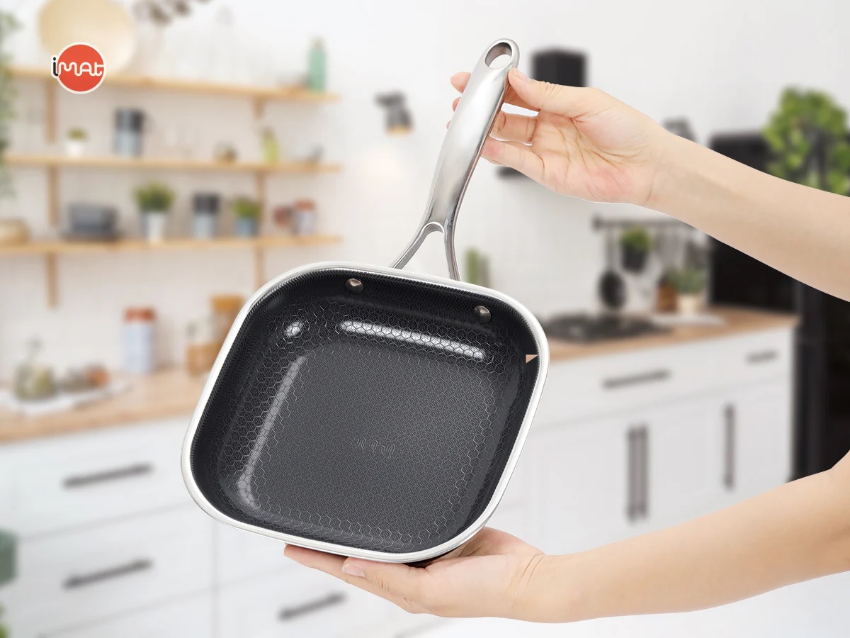 [Hàng chính hãng-iMat hybrid inox] Chảo chiên vuông iMat Hybrid 20cm chống dính gốm Ceramic đen