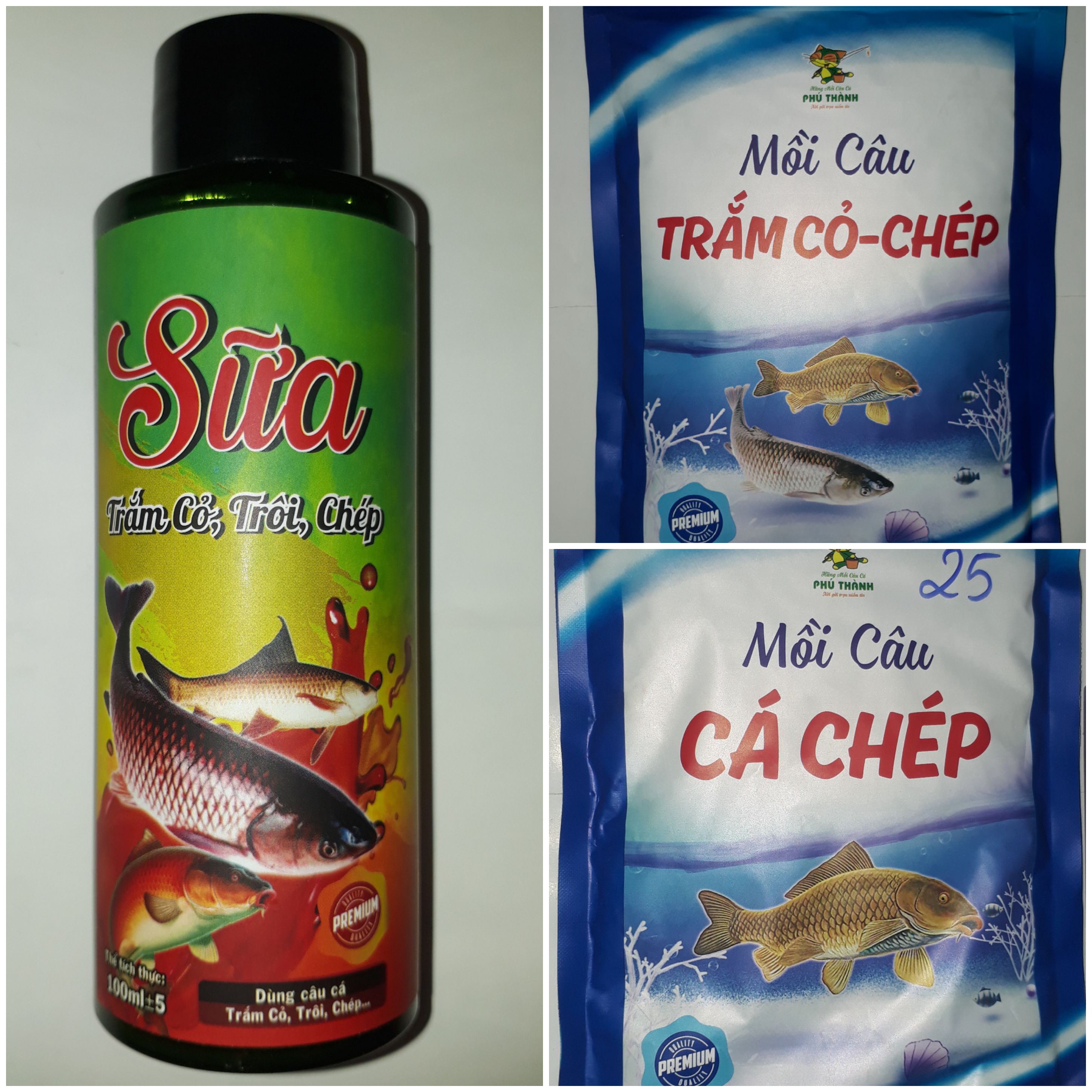 Combo gồm Mồi Câu Cá Chép,Trắm Cỏ-Chép và Tinh Mùi Sữa Trắm _trôi _chép, Hãng Phú Thành