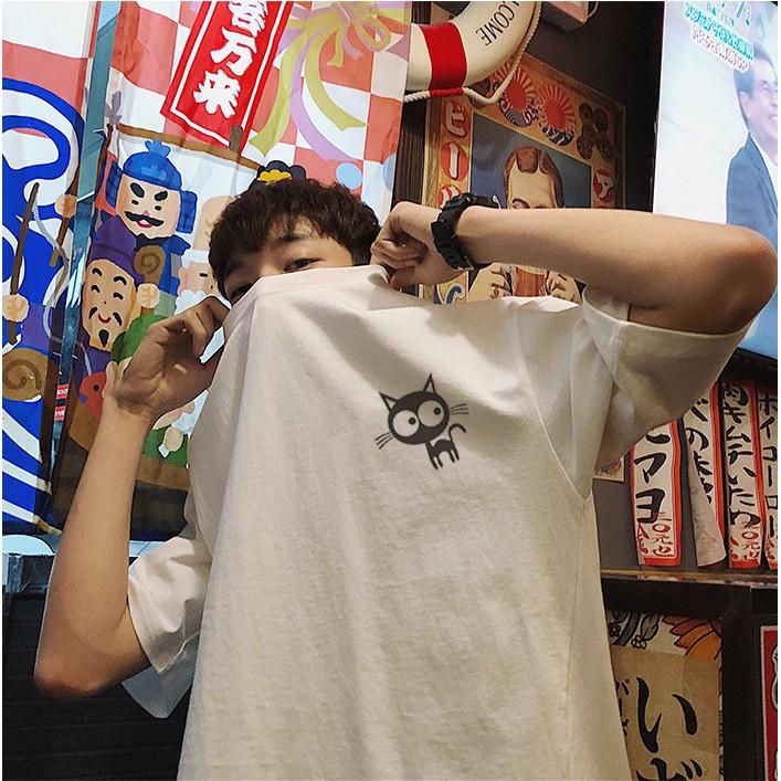 Áo thun unisex nam nữ form rộng tay lỡ họa tiết mèo dễ thương vải dày mịn