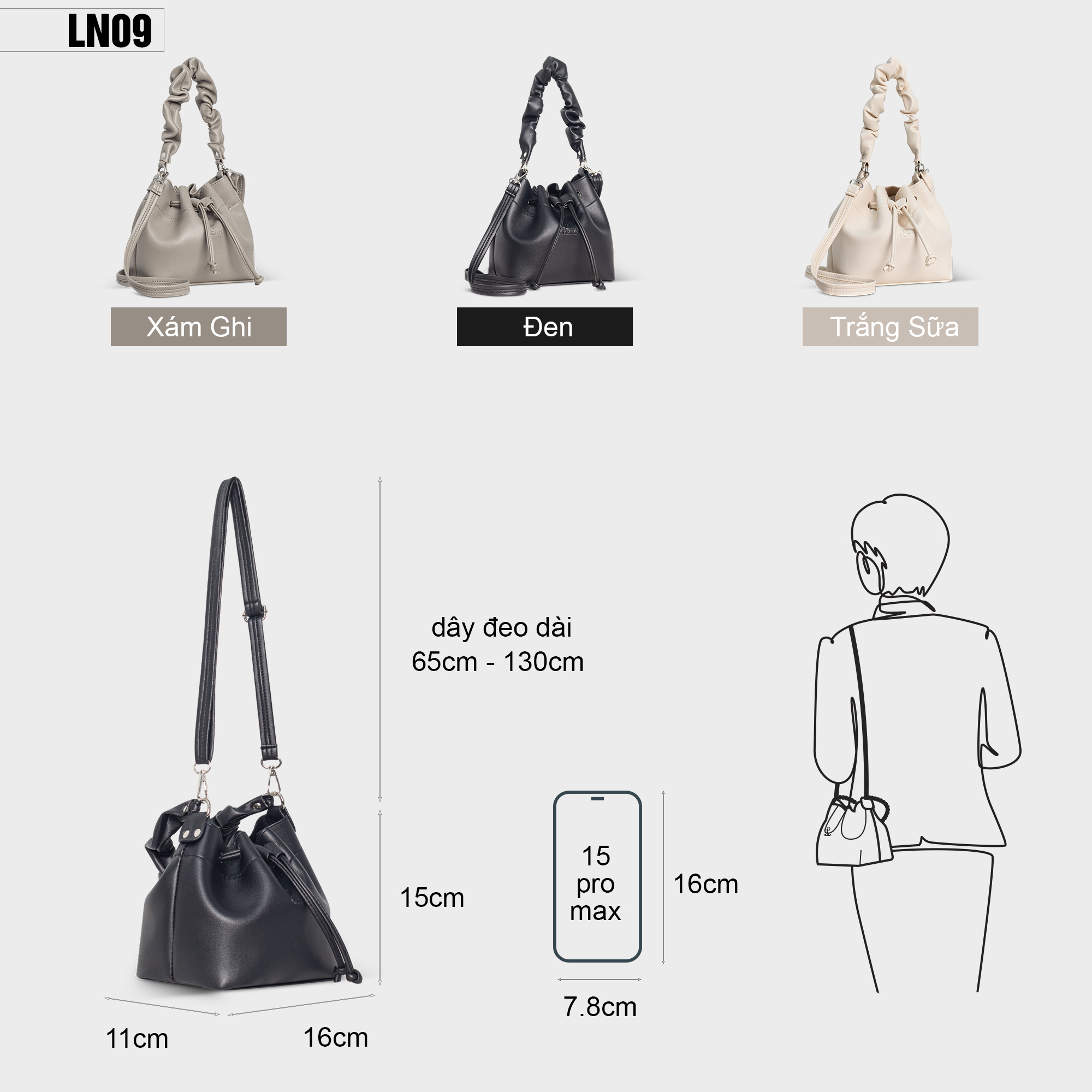 Túi đeo chéo da nữ dây rút thời trang LN09