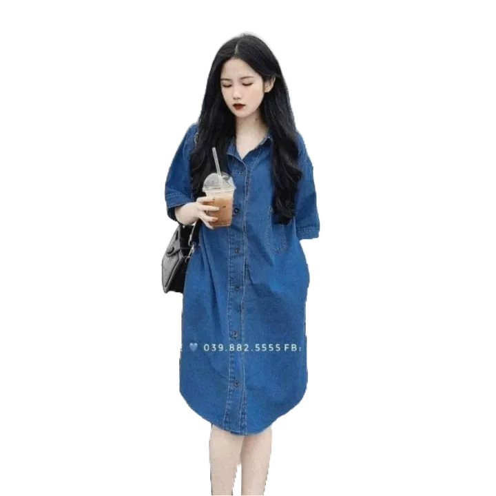 VÁY JEAN SUÔNG VẠT BẦU-Đầm somi jean phom suông rộng