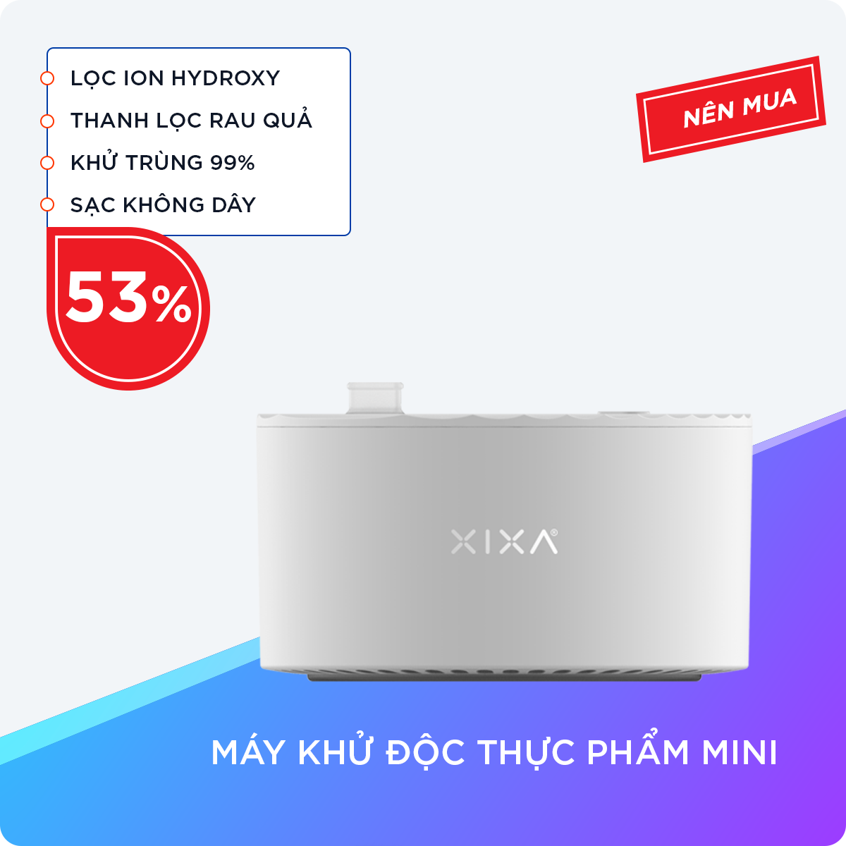 Máy Rửa Rau Củ Quả Khử Độc Thực Phẩm Mini XIXA XP60-W, Máy Khử Độc Hoa Quả Thực Phẩm XIXA, Máy Rửa Rau Củ Quả Sóng Âm, Máy Khử Khuẩn Rau Củ Quả Có Đế Sạc