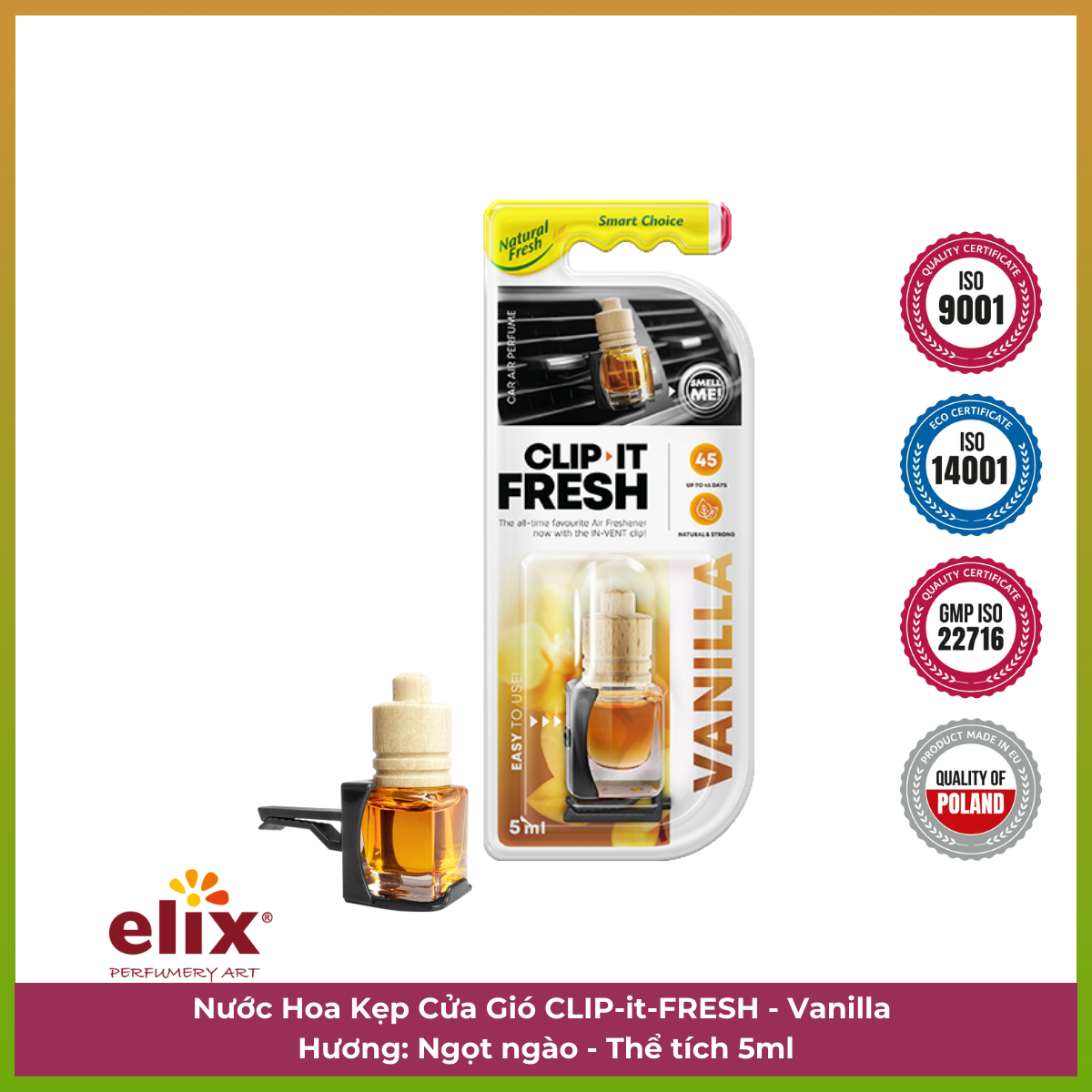 Nước hoa kẹp cửa gió ELIX - Clip it Fresh - Hương Vanilla (ngọt ngào)