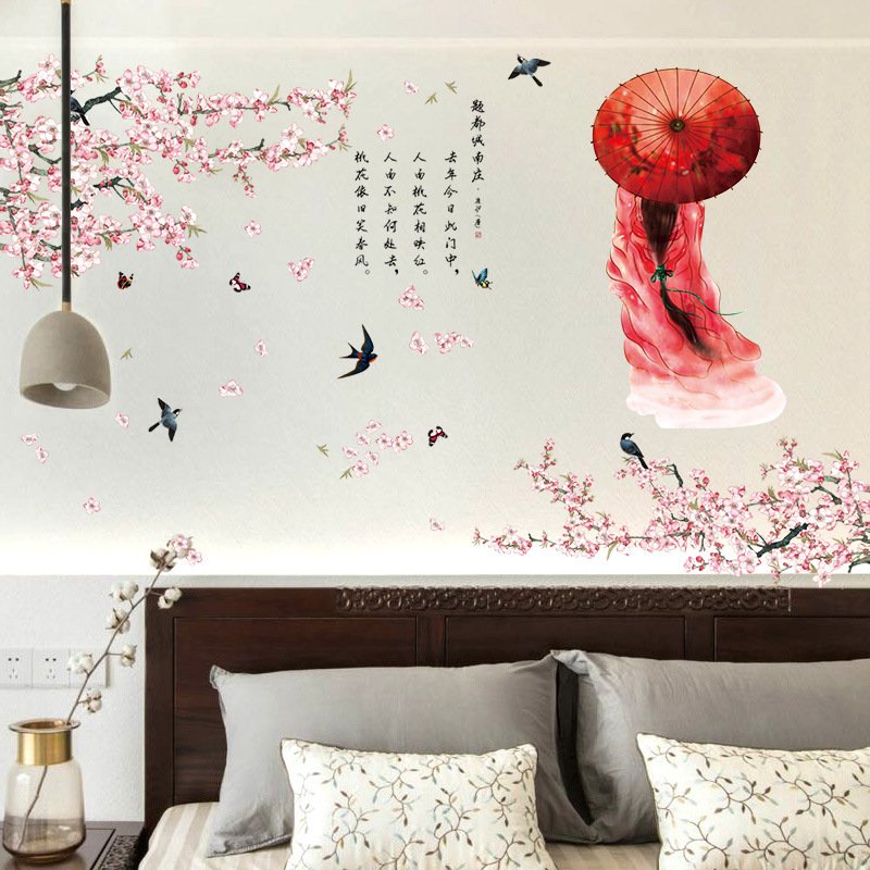 Decal dán tường hoa đào cô gái cổ trang