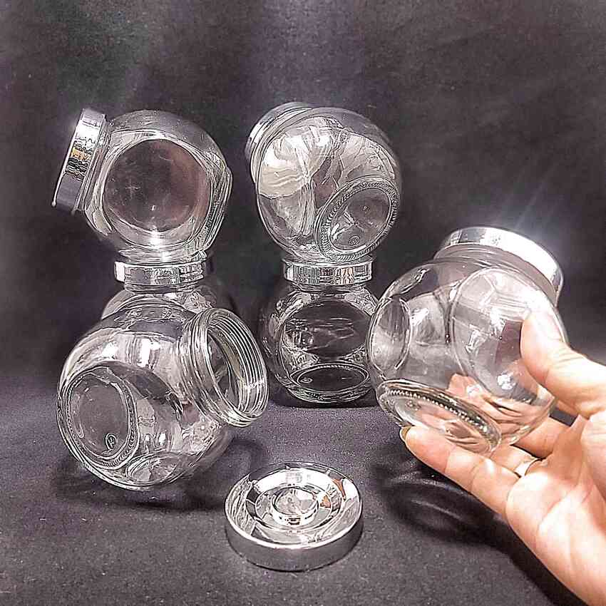 Hũ đựng gia vị đẹp 380ml mẫu Tròn Dẹt kiểu Nghiêng 2 đáy - Nắp nhựa màu bạc - Hũ thủy tinh đựng mứt kẹo, mật ong, sữa ong chúa, thực phẩm, mỹ phẩm