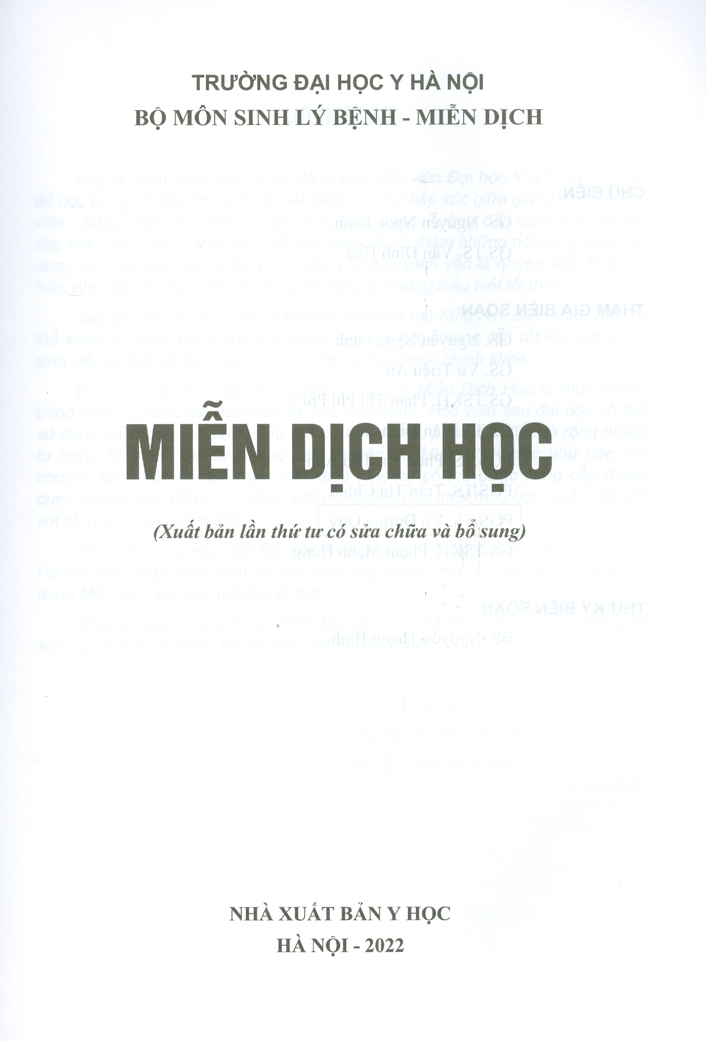 MIỄN DỊCH HỌC (Xuất bản lần thứ tư có sửa chữa và bổ sung - năm 2022)