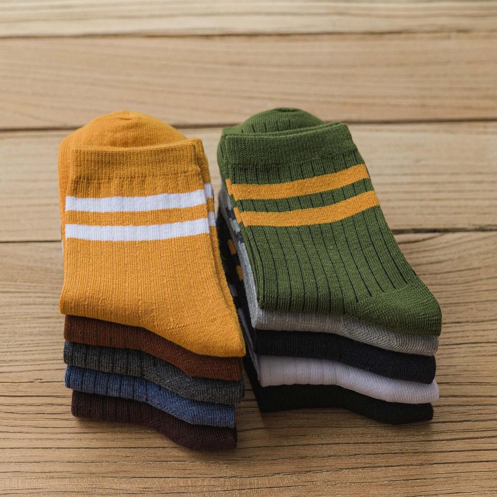 Vớ Cổ Cao Unisex Cotton Dày dặn, Tất Cổ Cao Nam Nữ Họa Tiết Cổ 2 Sọc Ngang - CB202