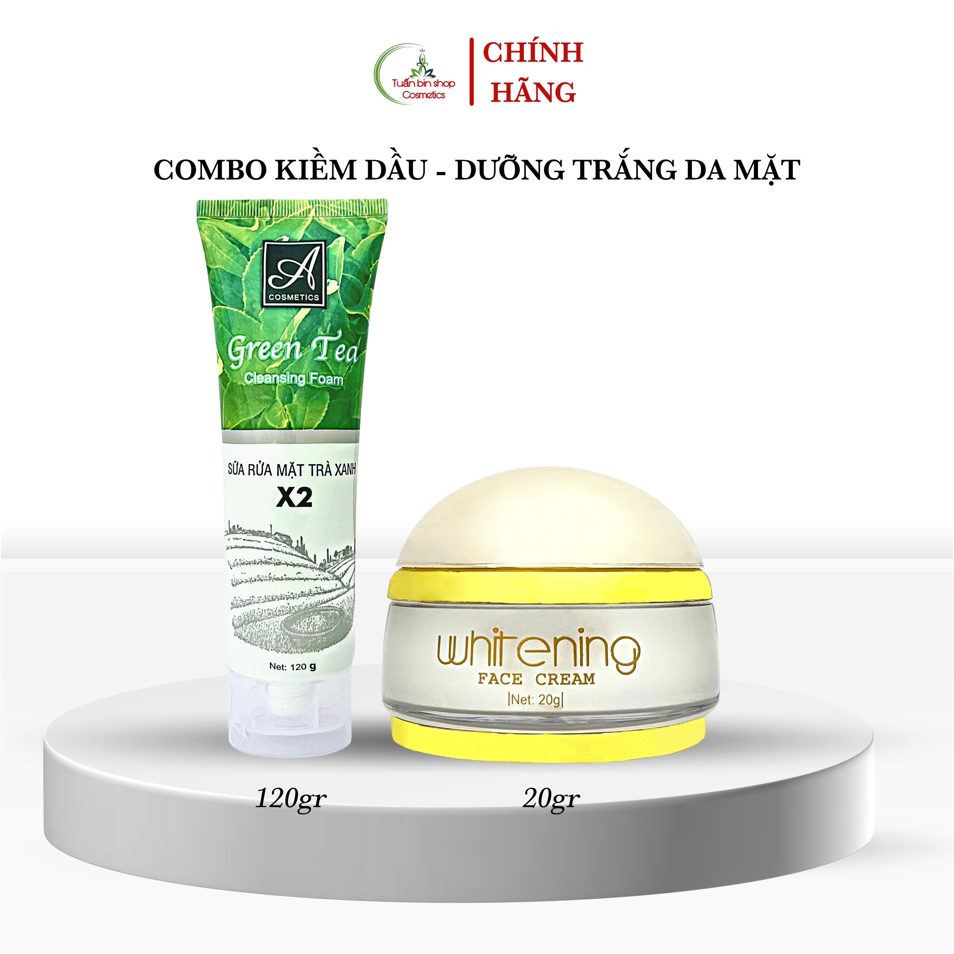 Combo dưỡng trắng da mặt, kiềm dầu, sáng da Acosmetics, kem face pháp, sữa rửa mặt trà xanh x2 140g