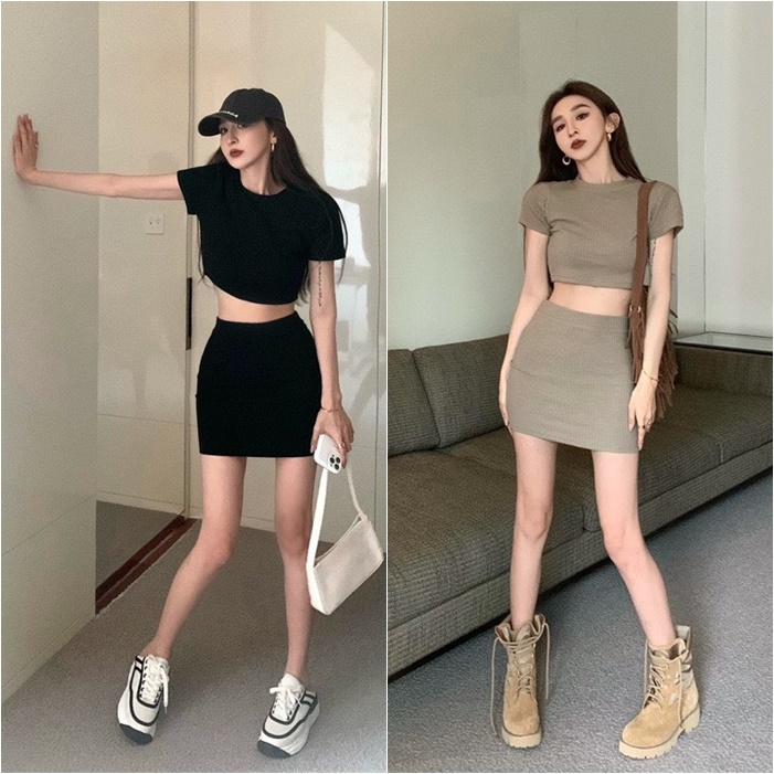 SET CHÂN VÁY NGẮN THUN ÔM BODY SUÔNG TRƠN + ÁO THUN CROPTOP ÔM BODY TRƠN CƠ BẢN BASIC ĐI TIỆC ĐI BIỂN DẠO PHỐ ĐI CHƠI