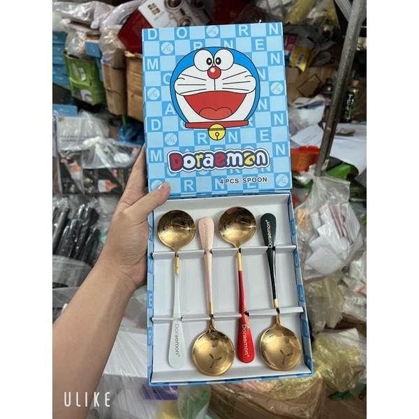 Set 4 Thìa Muỗng Doraemon Inox 304 mạ vàng Cho Bé