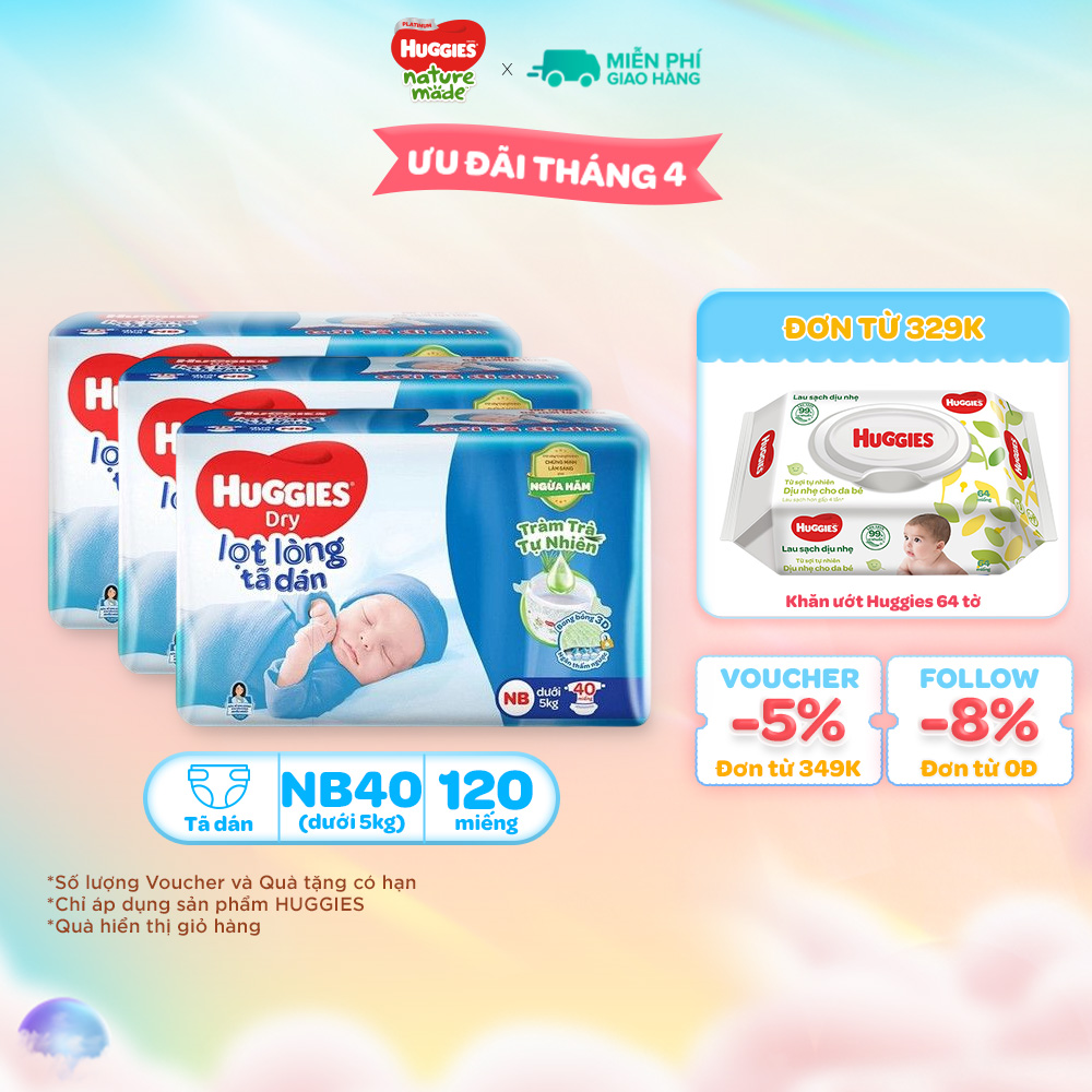 Combo 3 Tã dán sơ sinh Tràm Trà Tự Nhiên  Huggies NB40 (dưới 5kg) - Gói 40 miếng