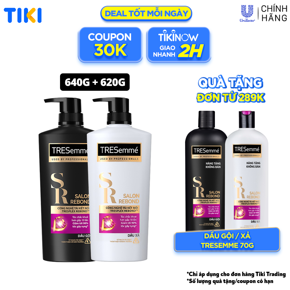 Combo Dầu gội & Dầu xả TRESEMME Salon Rebond dưỡng tóc hư tổn Với Công nghệ Tái kết nối Keratin ngăn gãy rụng đến 98% 640g + 620g