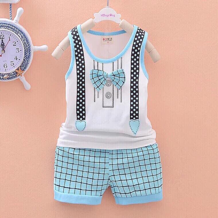 Bộ quần áo ba lỗ bé trai in hình dễ thương có gắn nơ sành điệu size 6-19kg