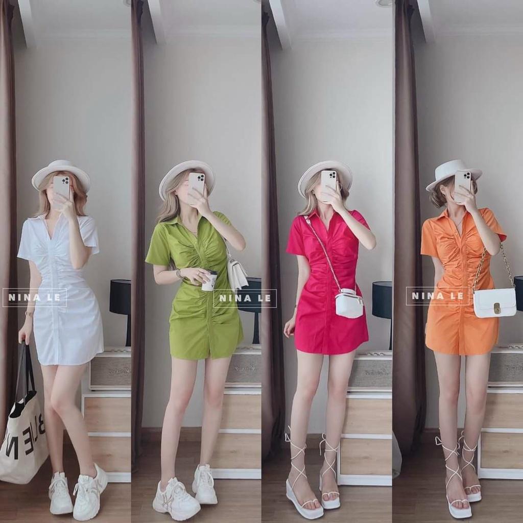 Đầm Body Cổ Sơ Mi Nhún Nút Dọc Xinh Xắn