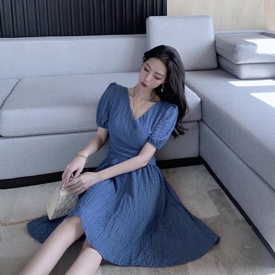 Đầm vải nhún cột nơ sau màu HỒNG & XANH