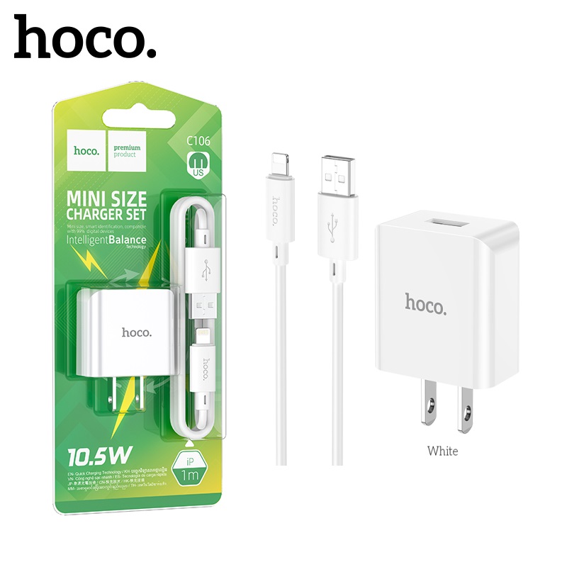 Bộ sạc điện thoại cho Iphone và Android hoco. C106 cổng USB sạc nhanh 2.1A dây dài 1M, dòng điện ổn định an toàn bảo vệ máy - Hàng Chính Hãng