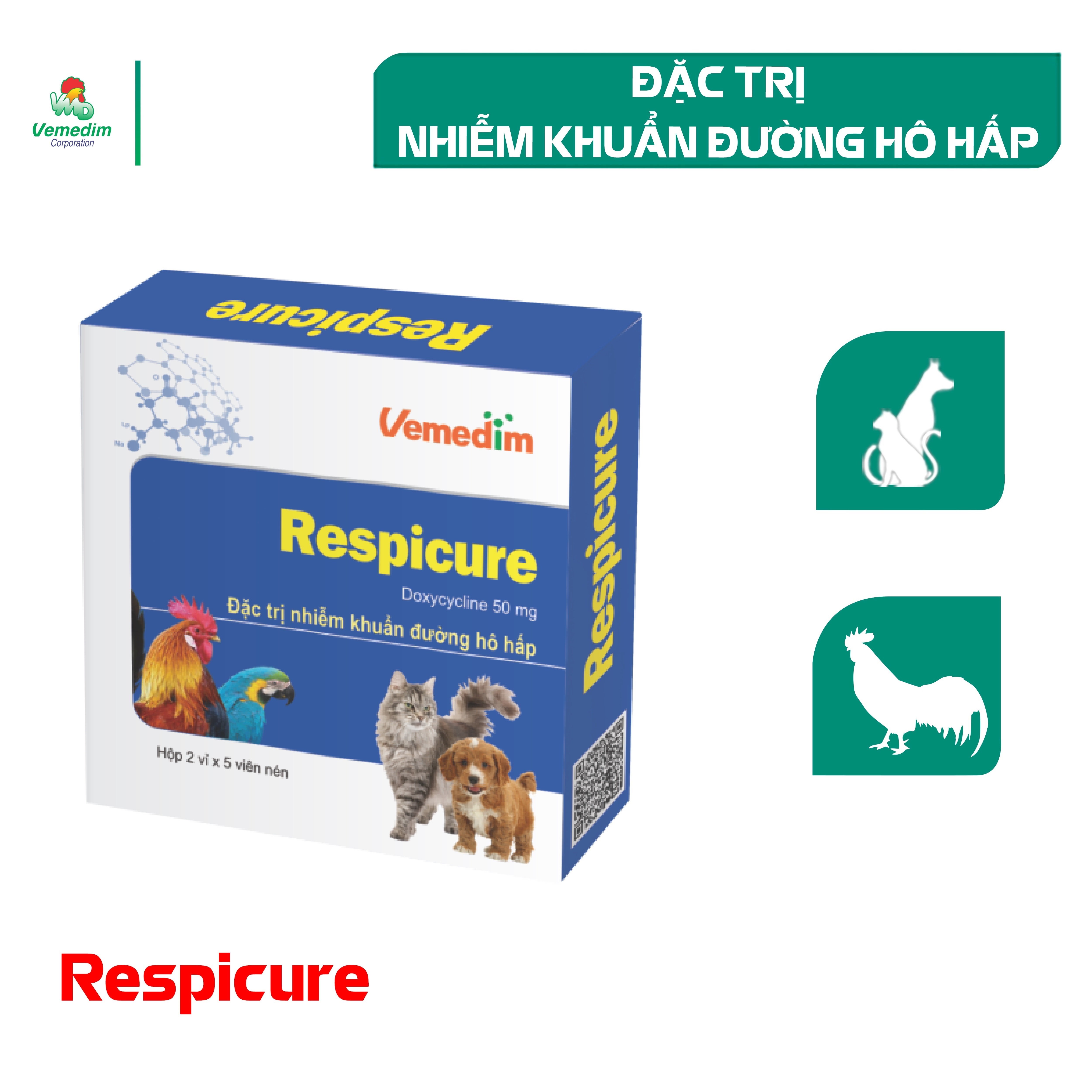 Vemedim Respicure - Doxycycline 50mg Trị các nhiễm khuẩn đường hô hấp trên chó mèo, chim cảnh, bồ câu, gà cảnh, gà đá.