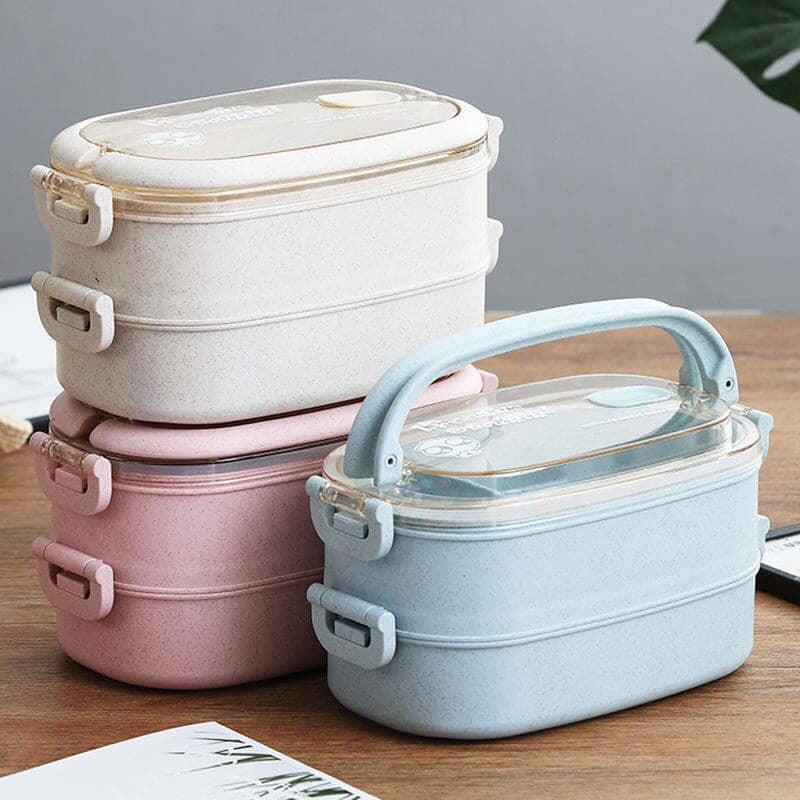 Bộ hộp cơm 2 tầng lúa mạch kèm muống ,đũa, nĩa